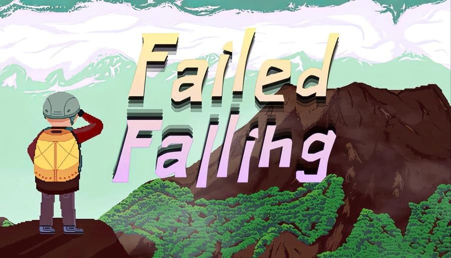 Failed Falling: man with orange backpack faces distant volcano peak above green forest under cloudy sky.