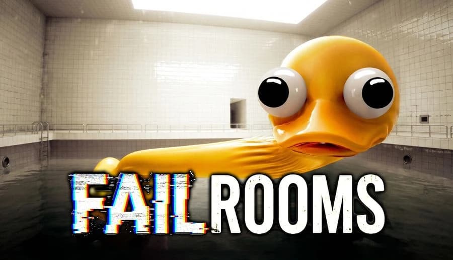 FailRooms: giant yellow rubber duck with bulging eyes floats in a tiled indoor pool room under bright lights.