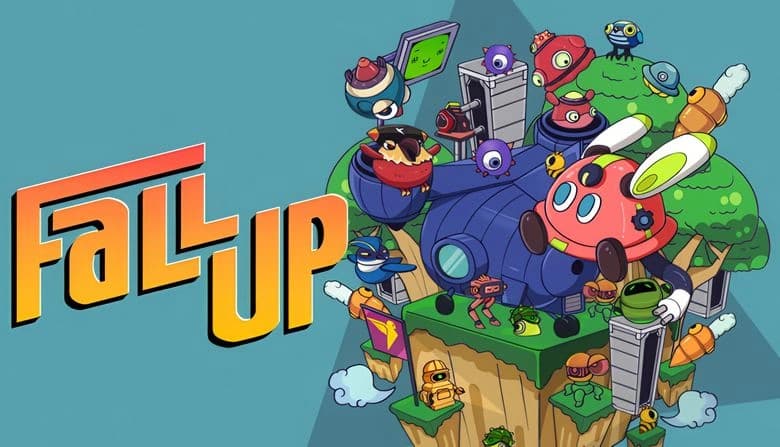 Fall Up: Cartoon robot rabbit leaps on floating island with trees, quirky robots, and creatures in a whimsical setting.