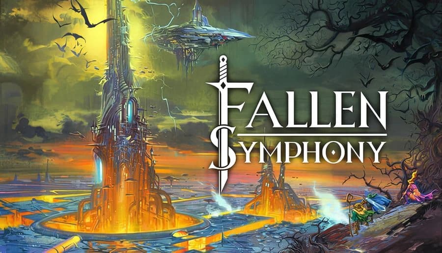Fallen Symphony: Caped swordsman faces a blonde woman on ruined cliffs above a glowing city at sunset skies.