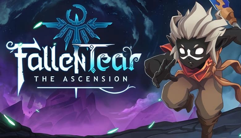 Fallen Tear: Young boy with black skin, white hair, leaps over rocky terrain under starry sky with glowing green shards.