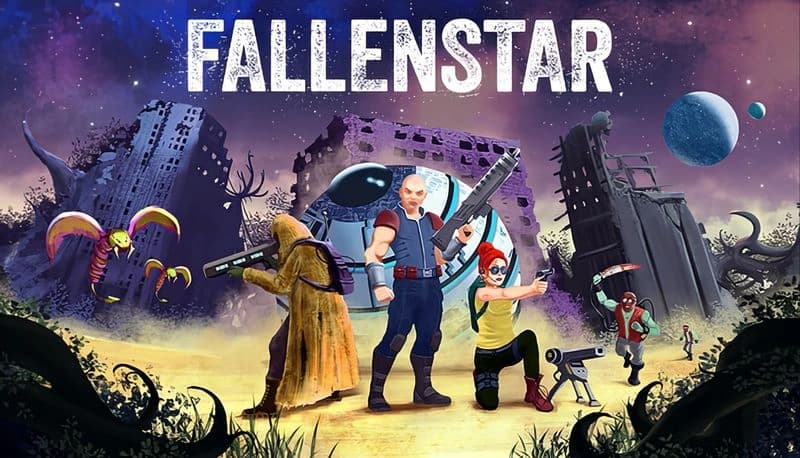 FALLENSTAR: Armed team of four in dystopian ruins, battling alien creatures under a starry sky with moons and planets.