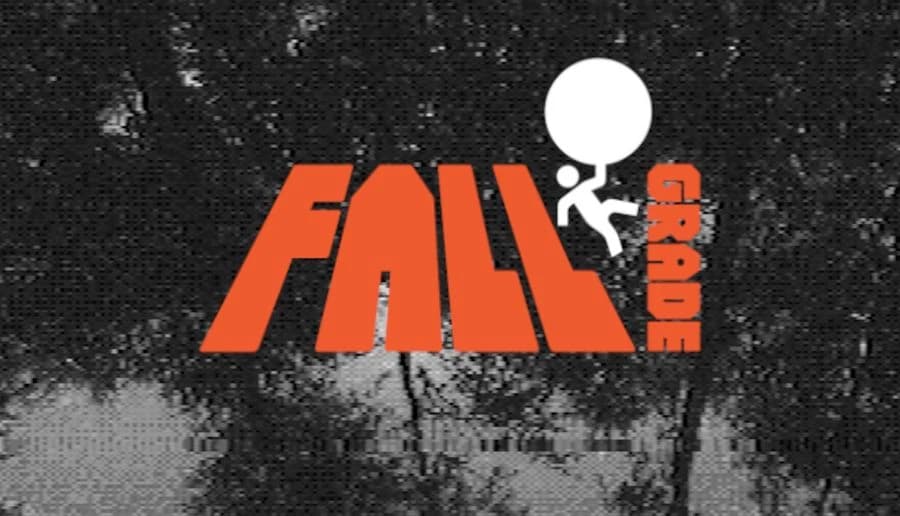 Fallgrade: Orange blocky title letters over grainy black background with trees and a small white falling figure.