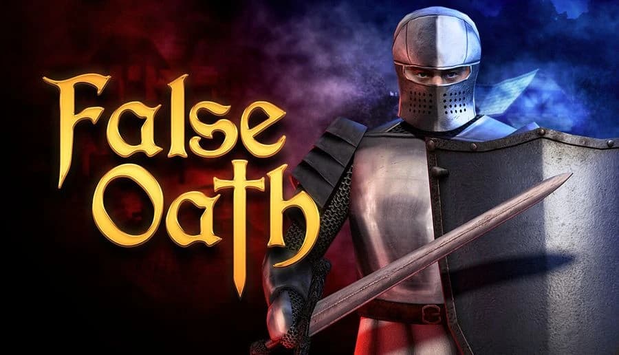 False Oath: armored knight grips sword and shield beside title text against a smoky purple-blue night sky backdrop.