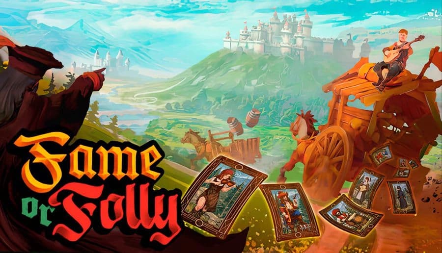 Fame Or Folly: Horse-drawn wagon on hill with performers and flying cards, valley festival tents and castle beyond.