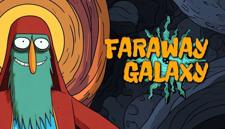 Faraway Galaxy: Grinning hooded alien with long nose beside glowing turquoise rift on dark rocky background.