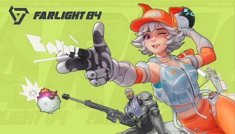 Farlight 84: Young woman in tech gear winks, finger-guns; man with rifle, floating creature in vivid green setting.