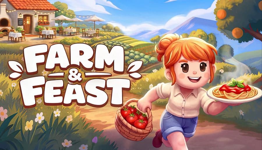 Farm & Feast: Smiling young woman holds a basket of tomatoes and a salad plate beside fields and farmhouse hills.