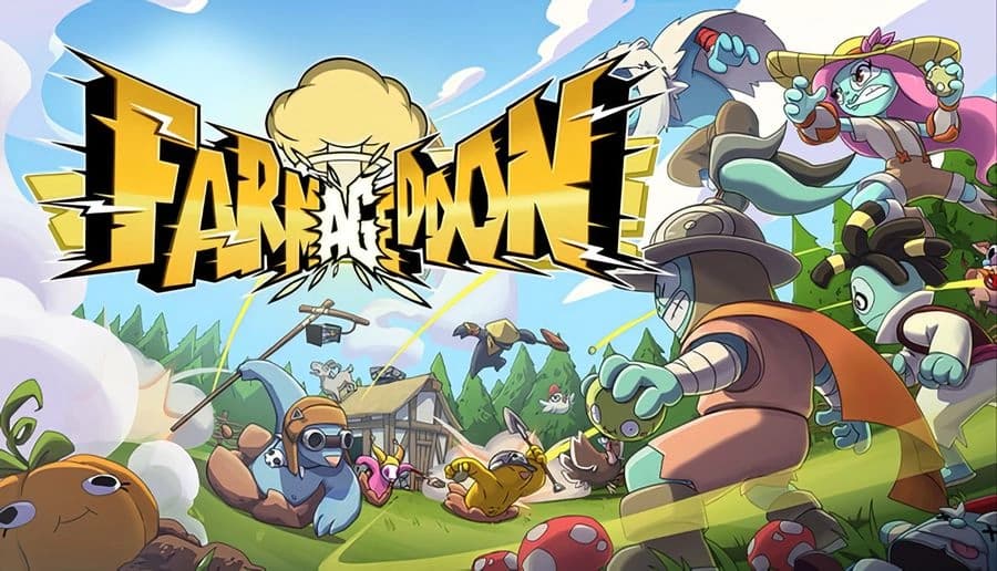 Farmageddon: blond farmer swings a hoe at charging veggies and bugs amid a chaotic farmyard with barn and crops.