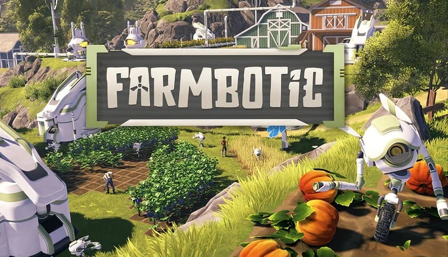 Farmbotic: small white robot holding a tool beside pumpkins and plants near a wooden sign in a grassy farm area.