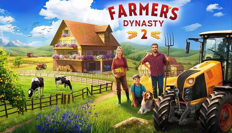 Farmer's Dynasty 2: Farming family with boy and dog near cows, farmhouse and tractor in sunny pasture field.