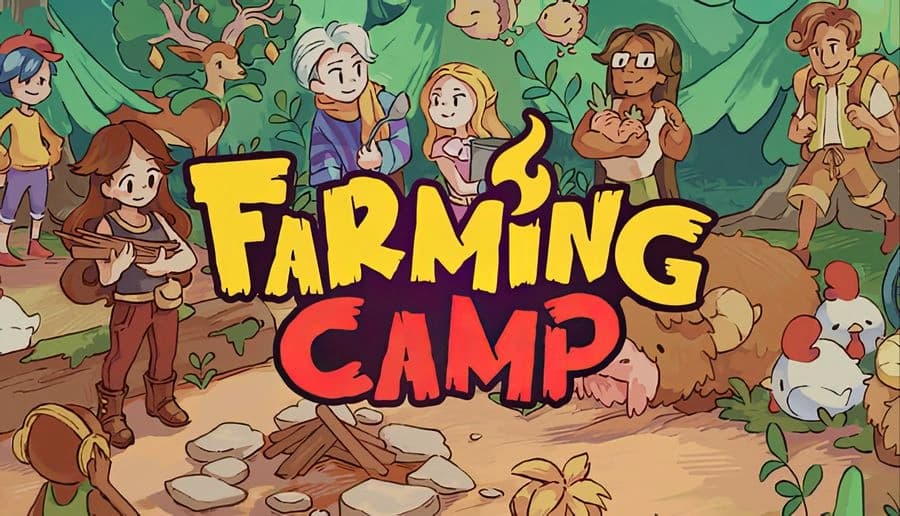 Farming Camp: young campers hold tools and baskets among chickens and crops on a sunny forest farm path at camp.