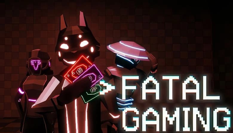 Fatal Gaming: Three robotic figures with glowing masks and cards stand in a neon-lit room with a checkered backdrop.