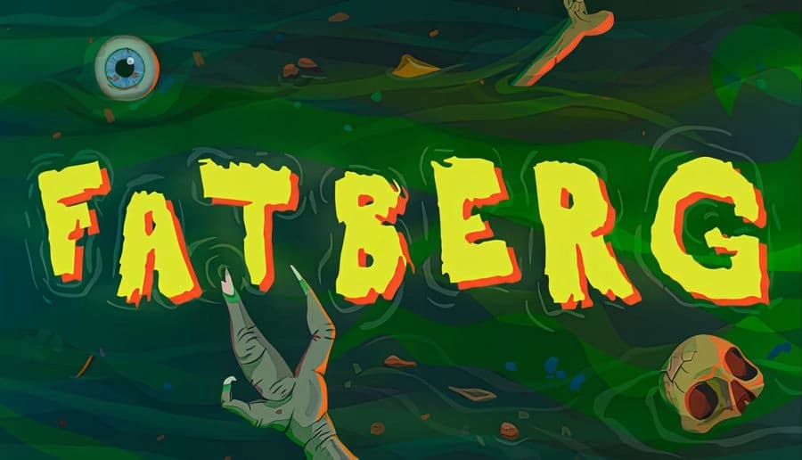 Fatberg: Creepy sewer scene with clawed monster hand, skull, floating eye, and assorted debris in eerie green water.