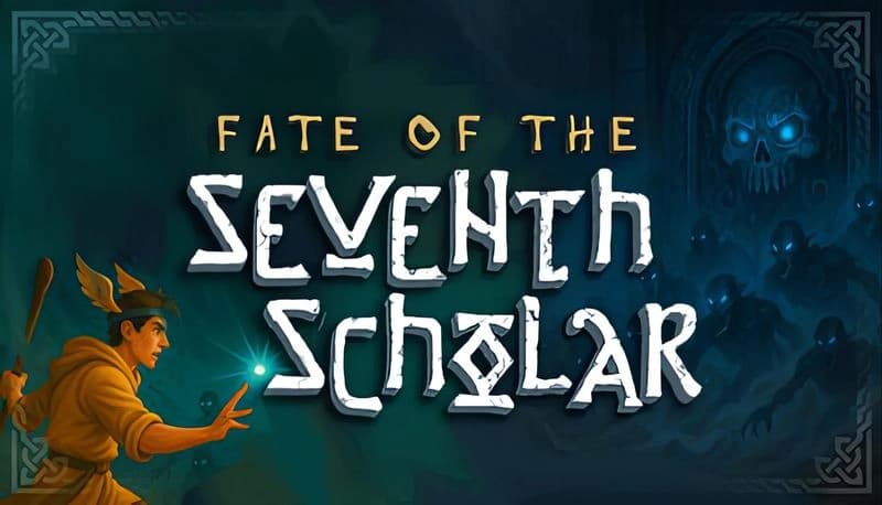 Fate of the Seventh Scholar: Young man in hooded robe holds staff, facing shadowy figures in dark, eerie crypt setting.