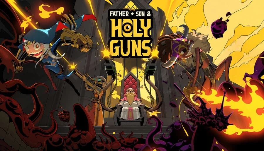 Father, Son and Holy Guns: Two armed men fight shadow monsters with flames and sparks in a hellish hall with throne.