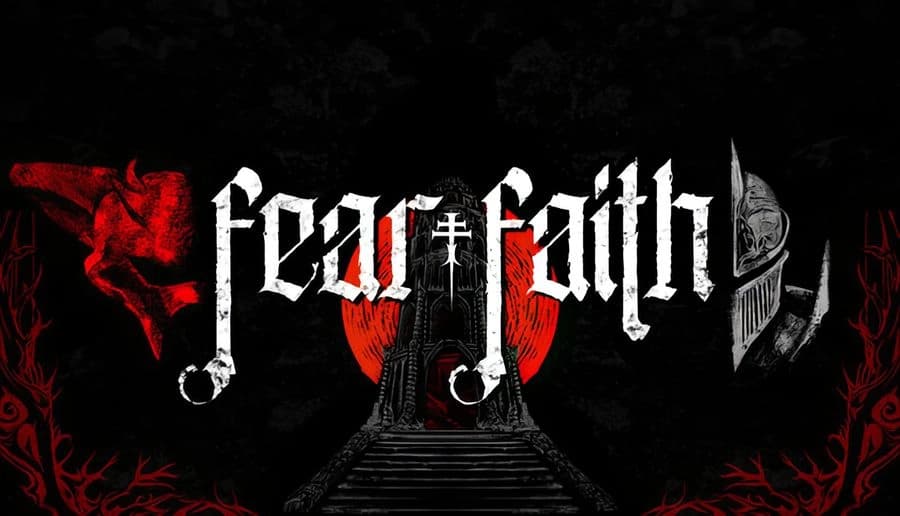 Fear Faith: hooded knight climbs stone steps toward a throne beneath red moon, flanked by shadowy figures in black hall.
