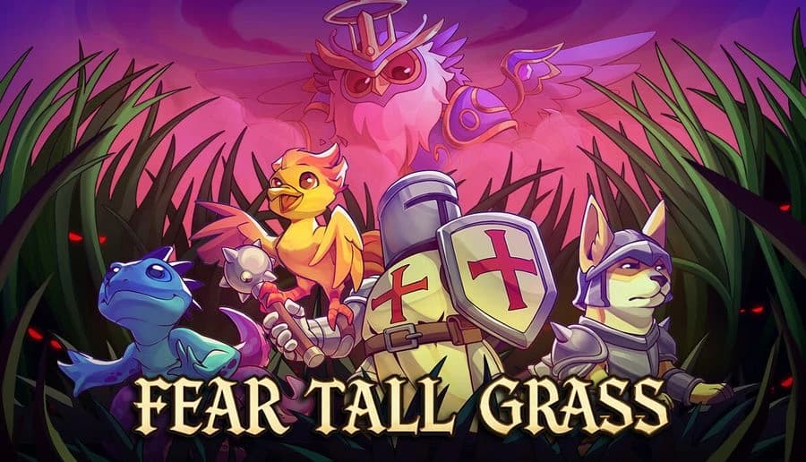 Fear Tall Grass: Armored owl knight with cross shield leads small animal warriors amid tall grass under purple sky.