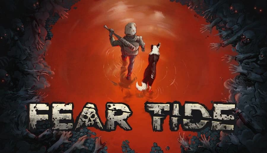 Fear Tide: armed man and black-and-white dog sprint across a blood-red crater ringed by grasping zombies.