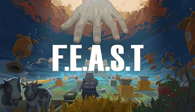 F.E.A.S.T: Giant hand looms over farm with cows, crops, and machinery in vibrant valley setting under dramatic sky.