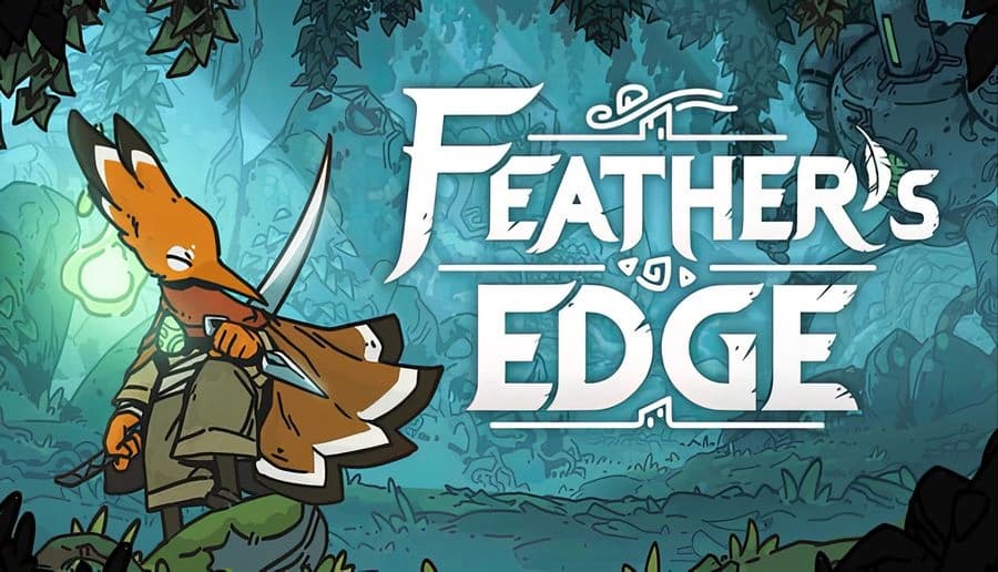 Feather’s Edge: Fox-headed warrior in cloak holds a curved sword in a teal cavern with hanging roots and stones.