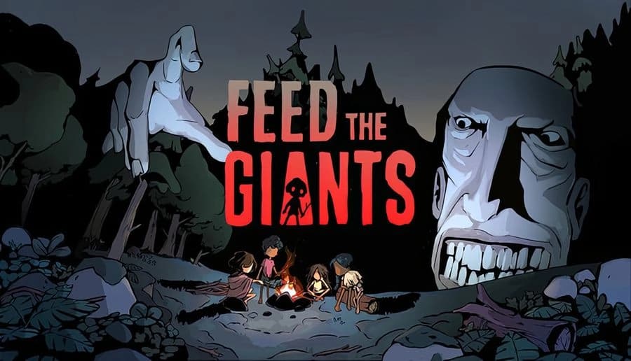 Feed the Giants: lost children gather at a campfire while giant stone faces loom over a dark rocky valley at night.