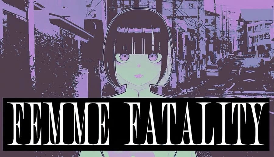 Femme Fatality: close-up of woman with blunt bangs and wide eyes, overlaid with bold title on red-purple backdrop.