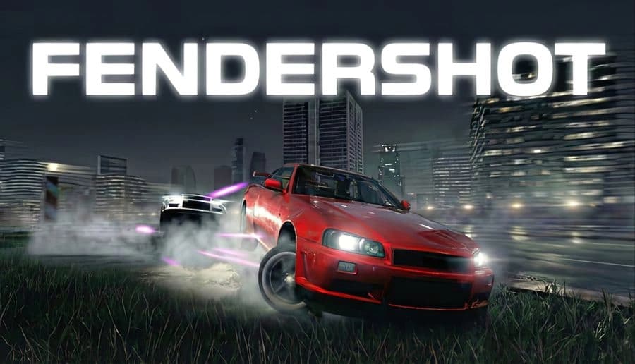 FENDERSHOT: Red sports car drifts on wet city street as a white racer follows, neon lights and skyscrapers at night.