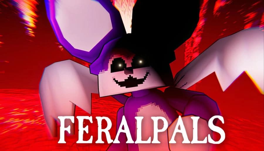 FERALPALS: Pixelated purple rabbit mascot grins with glowing eyes and jagged smile in a red-tinted forest scene.