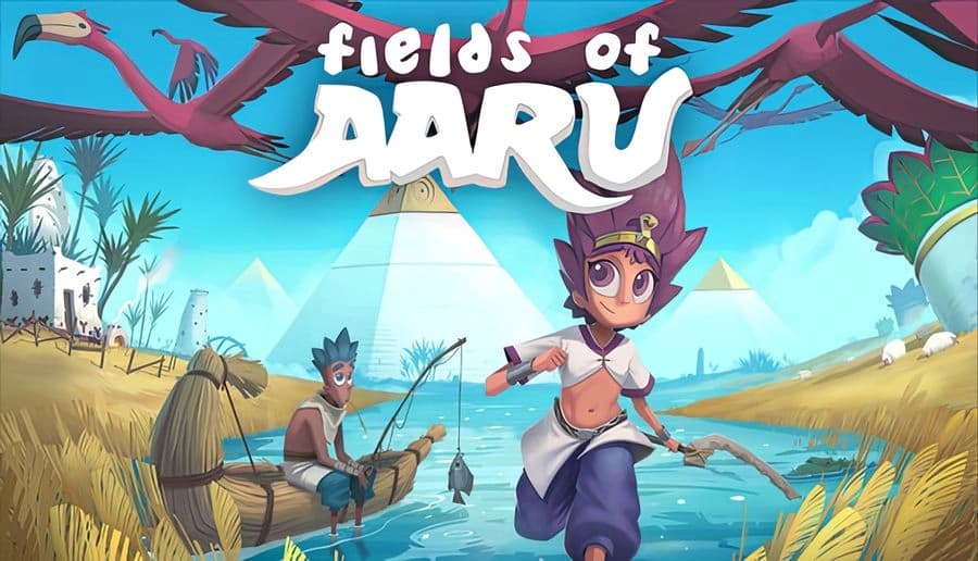 Fields of Aaru: young man fishing by the Nile while young woman holds a spear, pyramids and birds behind them.