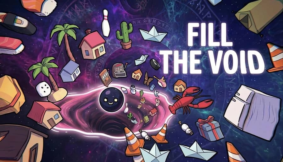 Fill The Void: smiling black hole swallows tiny houses and boats amid floating debris in a purple starry space backdrop.