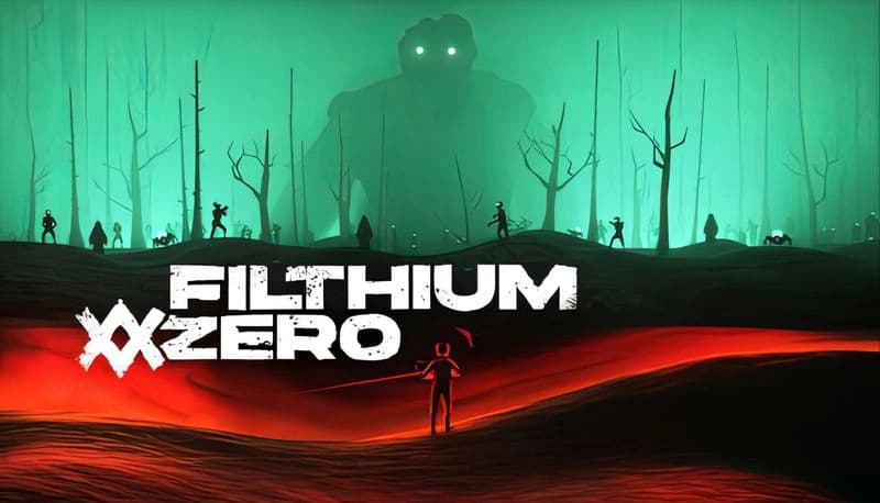 Filthium Zero: Lone figure with sword on glowing red dune under green sky; zombies approach as giant monster looms ahead.