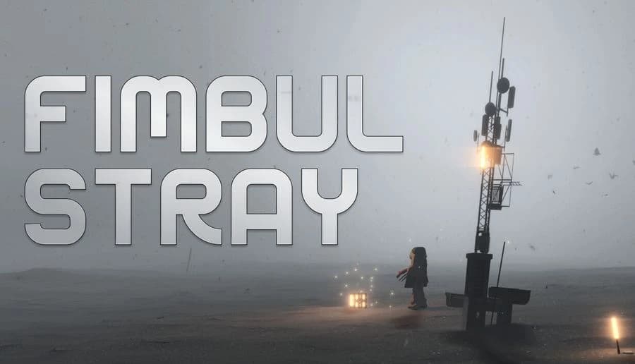 Fimbulstray: Young girl walks alone on snowy plain toward a tall radio tower with lights in a gray blizzard.