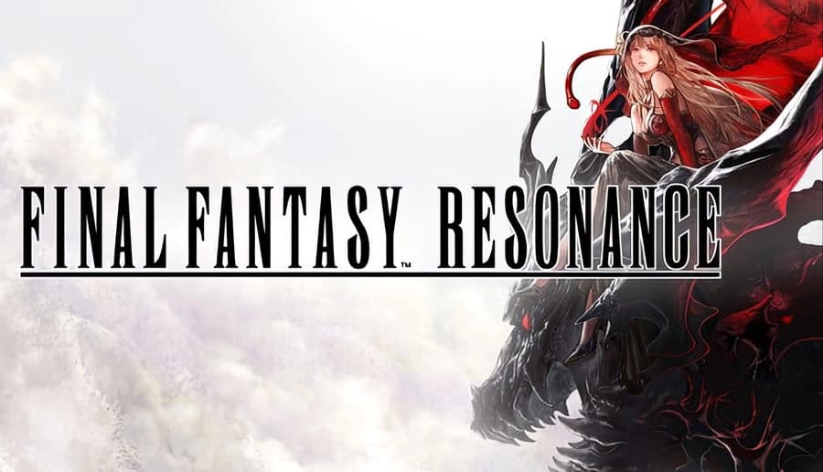 FINAL FANTASY RESONANCE: young woman in red armor and hat grips black scythe on white backdrop with red ribbons.