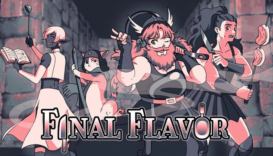 Final Flavor: Four adventurers in aprons pose with knives and utensils inside a stone dungeon corridor backdrop.