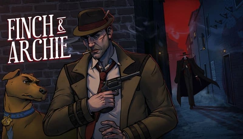 Finch & Archie: Detective with gun and loyal dog in alley; shadowy figure in trench coat at the end of a dimly lit street.