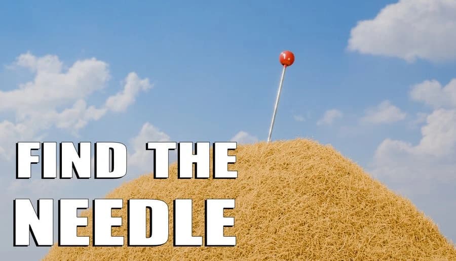 Find The Needle: red balloon on string above haystack mound under bold title letters in blue sky with clouds backdrop.