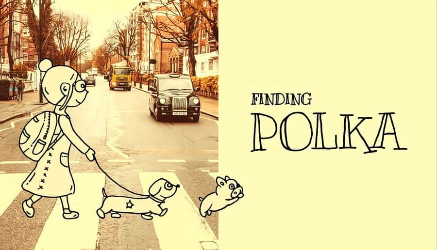 Finding Polka: young girl with backpack walks two dogs on crosswalk, sketch figures over sepia city street scene.