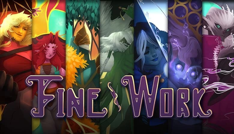 A lineup of diverse characters features a muscular blond person, red-haired woman, figure in a cloak, and mystical beings.