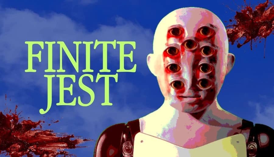 FINITE JEST: Bald humanoid with many red eyes stares forward against blue cloudy sky with blood splatters.