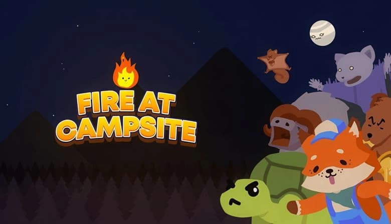 Cartoon fox with blue cap and backpack leads animals, like a flying squirrel and turtle, at night in a forested landscape.