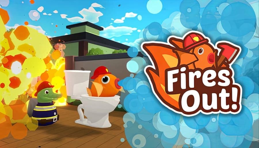 FiresOut!: Goldfish in toilet and green fireman face flames and smoke beside a modern building deck outdoors.