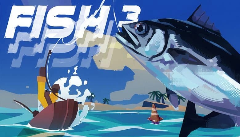 A large fish leaps from the water near a small boat with a figure fishing. Tropical island and blue sky in the background.