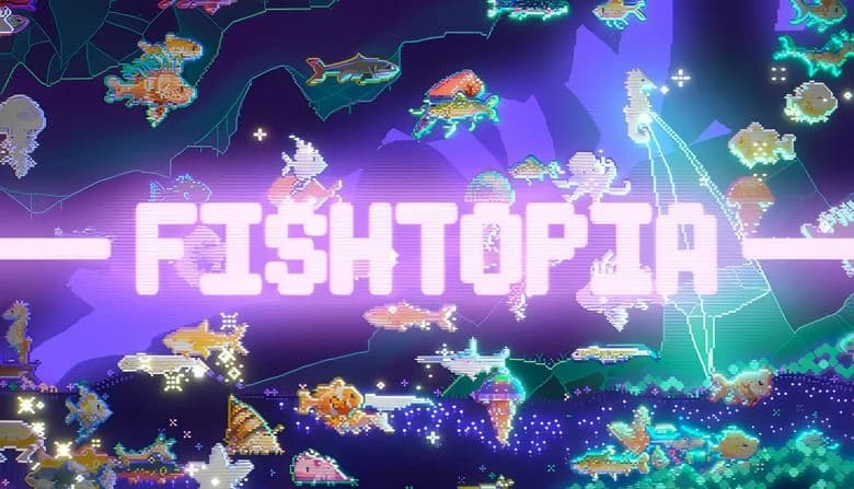 Colorful pixelated fish swim in a neon-lit aquatic scene, set against a vibrant purple backdrop with shimmering details.