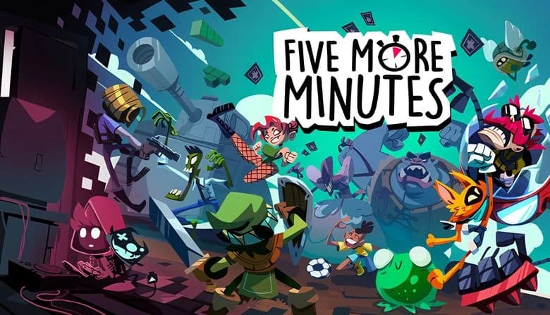 Energetic young heroes, including a red-hooded girl and a knight battle quirky creatures in a vibrant video game world.