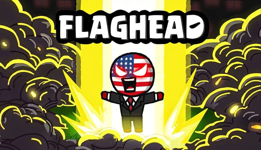 Flaghead: Suited man with a US flag face hovers with arms out in an explosion, surrounded by dark smoke clouds.