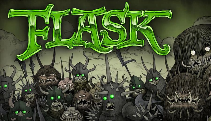 FLASK: Hooded warrior with glowing eyes and spear stands behind horned beast and goblin in smoky wasteland.