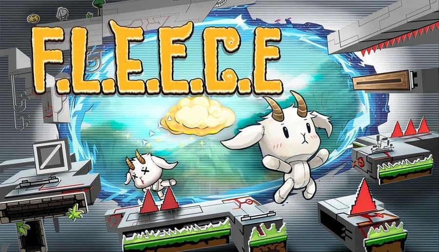 F.L.E.E.C.E: Two white goats leap between floating platforms as spikes and saws line a sci-fi puzzle room backdrop.