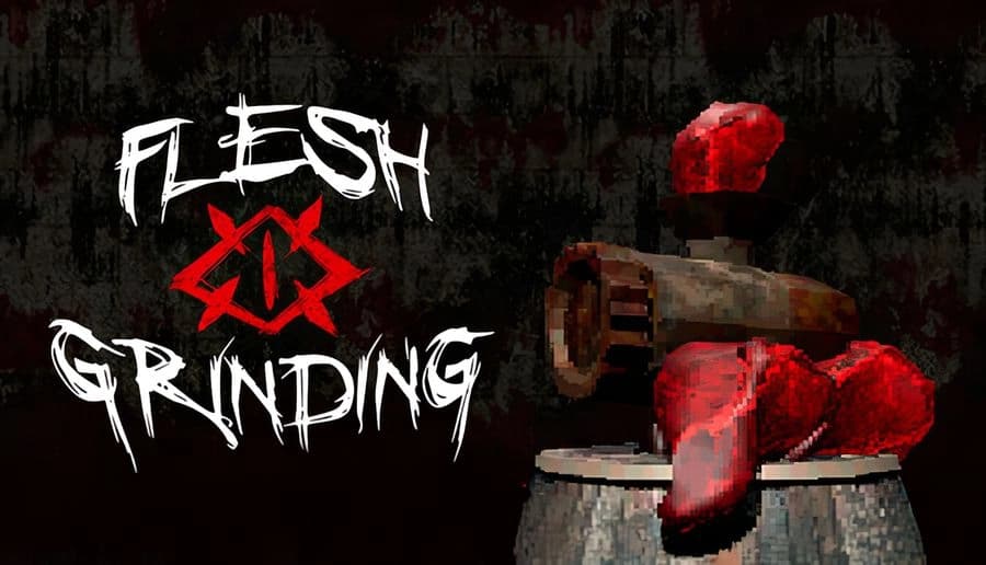 Flesh Grinding: Chunky red meat feeds into a metal grinder machine on a pedestal in a dark, stained room.
