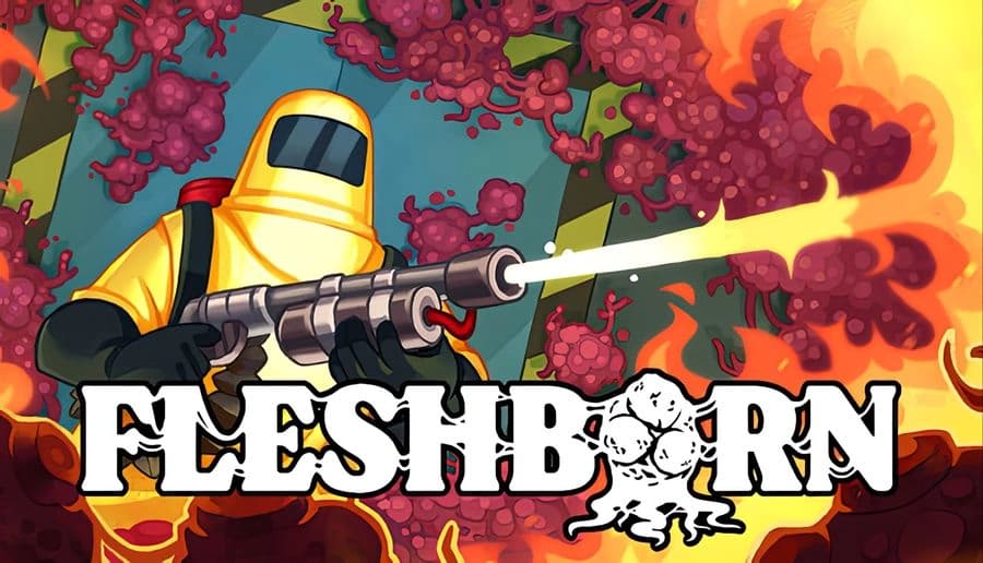 Fleshborn: hazmat-suited worker aims flamethrower at pink fleshy growths in a lab corridor with flames bursting around.